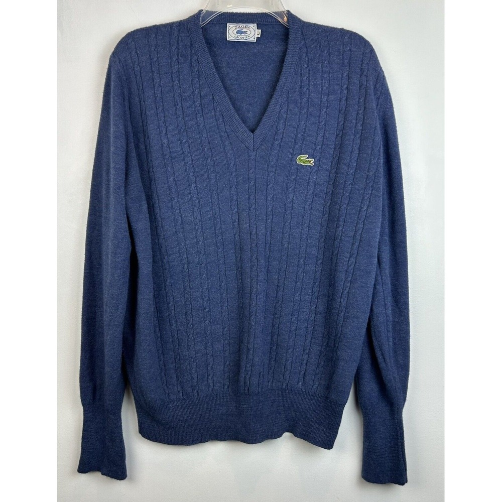 Vtg Izod Sweater Men L V Neck Lacoste Alligator Cable Knit 80s Blue Classic Read
